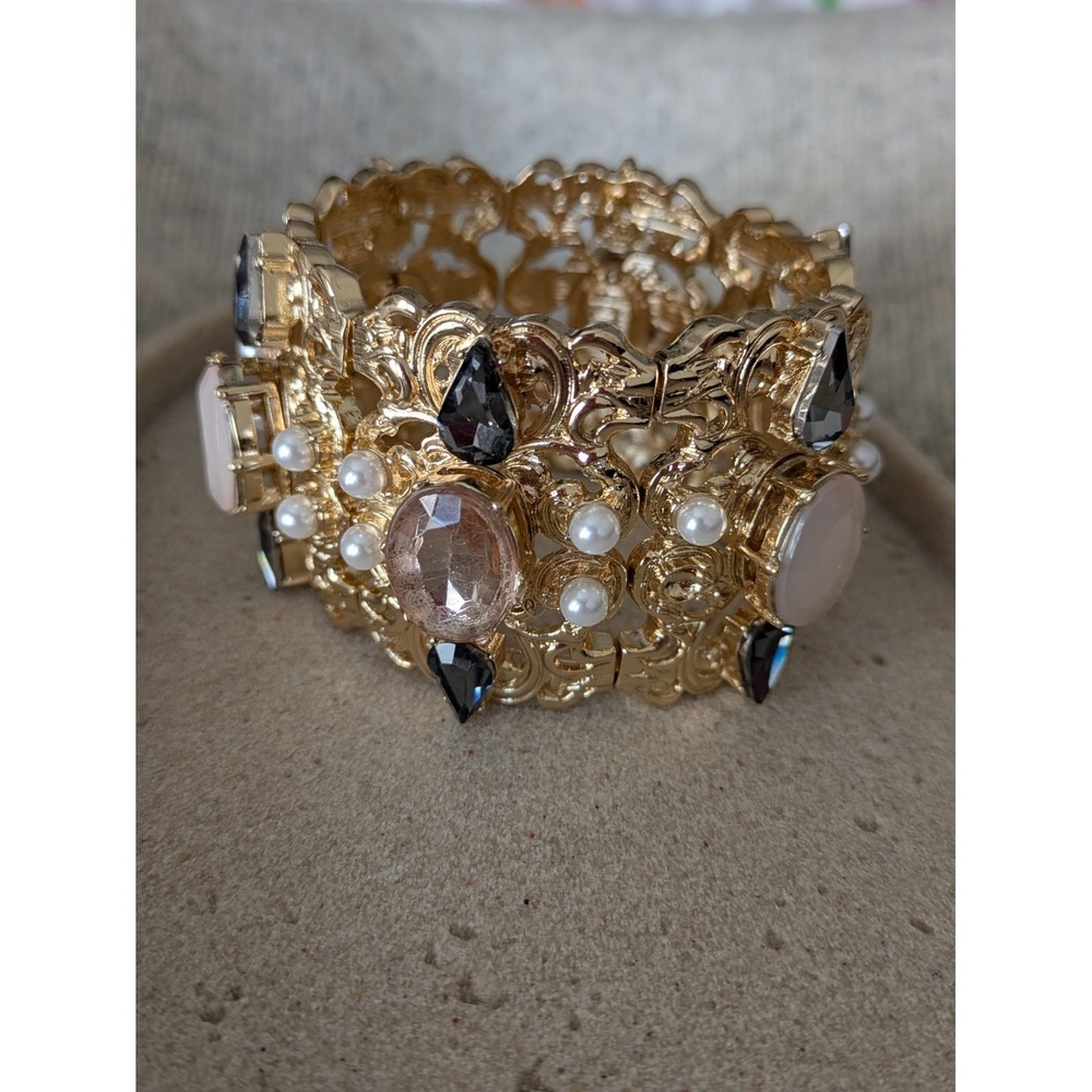 Ornate Gold Tone Stretch Bracelet Romantic Cabachon Beads Faux Pearl Chunky Wide
